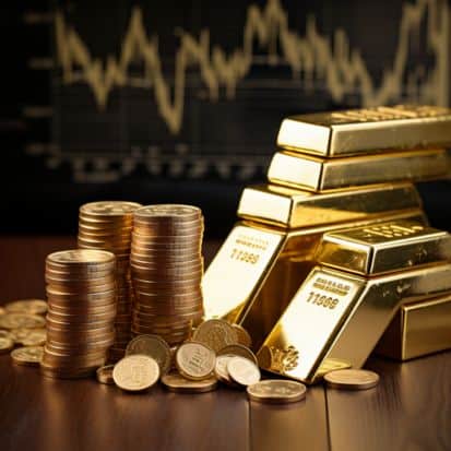 gold bars and coins with an investment chart in the background